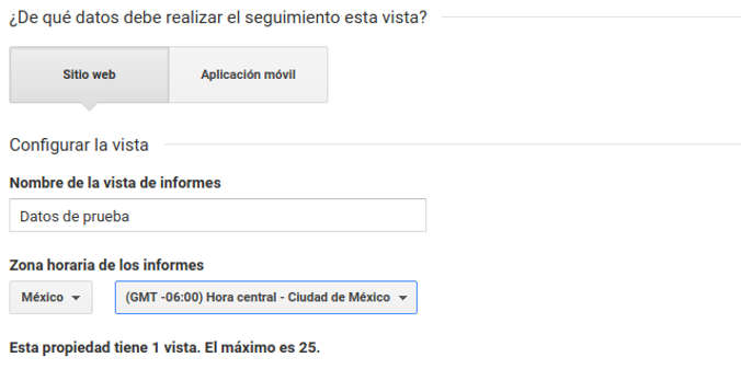 Configuración de nueva vista en Analytics